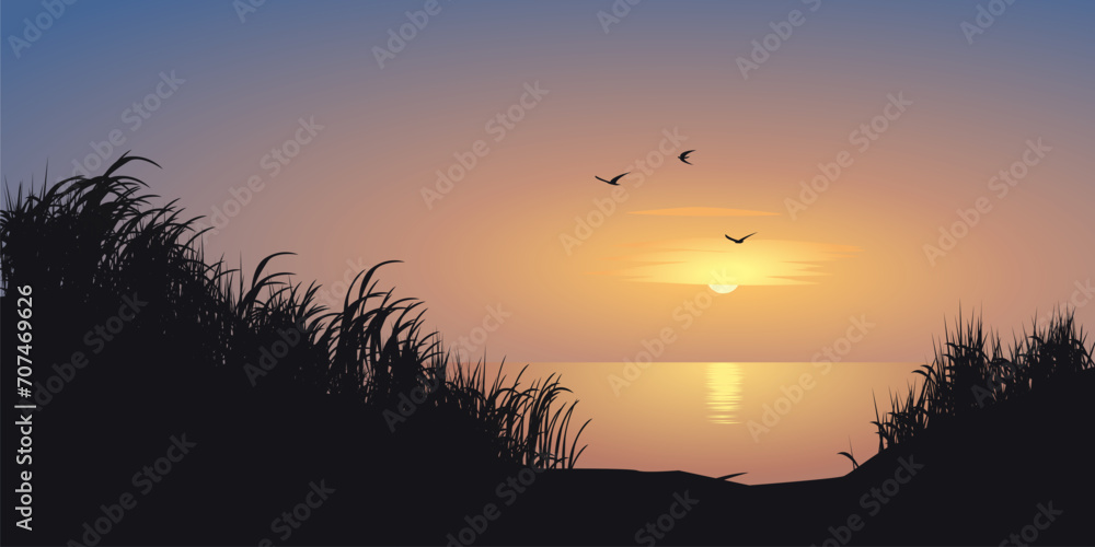 Beautiful minimal sunrise landscape with seaside, grass and flying birds