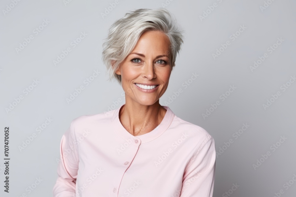 Portrait of a beautiful mature woman smiling at the camera while standing against grey background Portrait of a beautiful mature woman smiling at the camera while standing against grey background