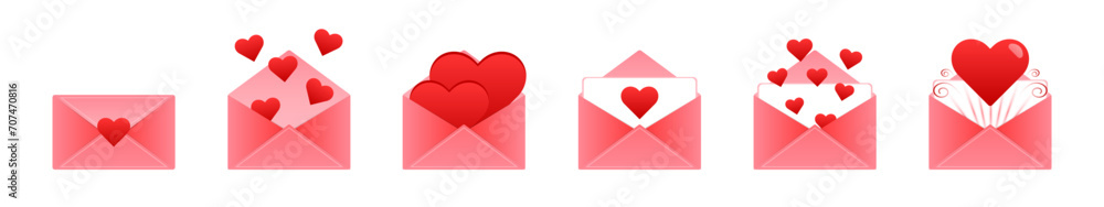 Set of pink envelopes mail with hearts. Open love email letter with wishes, isolated on a white background.