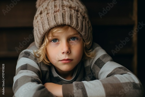Portrait of a little boy in a knitted hat and plaid