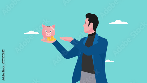 saving money, investment management, Mutual fund or growing investment, wealth profit growth, savings or wealth management, businessman show his piggy bank and golden coin concept vector illustration