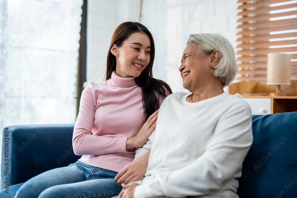 Asian lovely family, young daughter talking and sit with senior mother. Asian lovely family, young daughter talking and sit with senior mother.