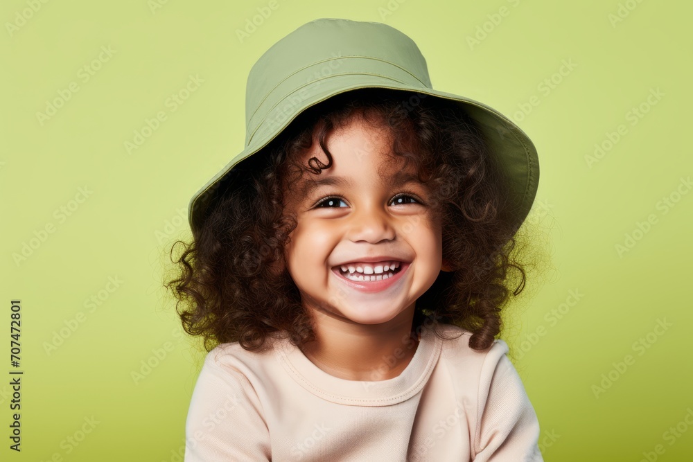 Portrait of a smiling little girl in a hat on a green background Portrait of a smiling little girl in a hat on a green background
