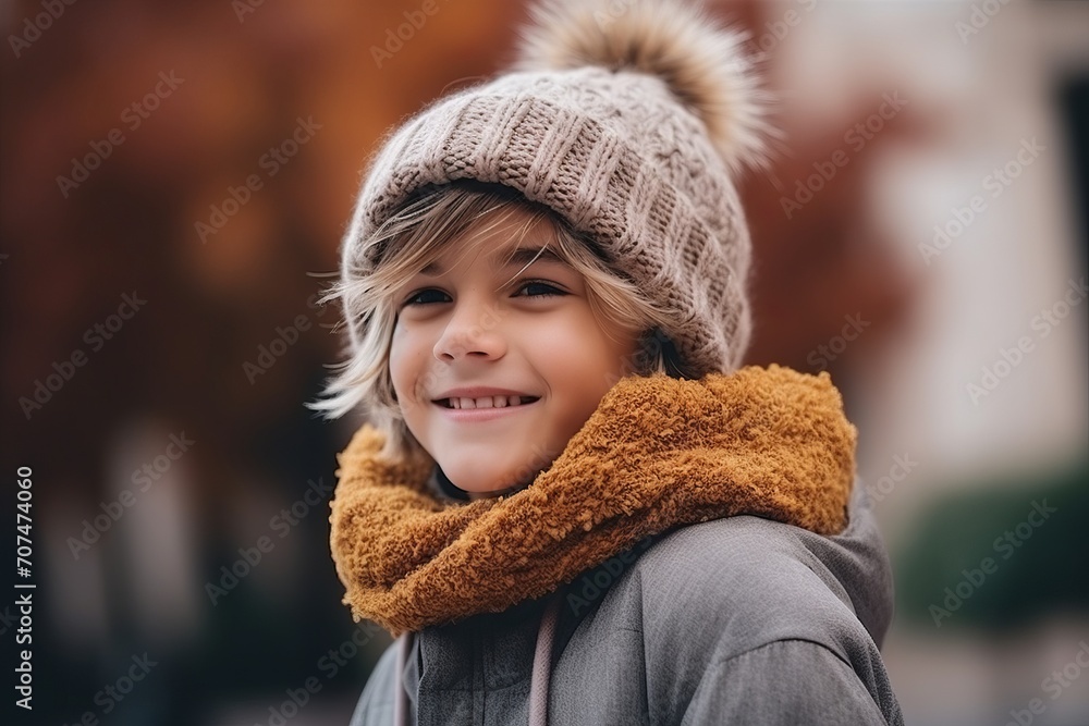 Outdoor portrait of cute little girl in warm hat and scarf outdoors Outdoor portrait of cute little girl in warm hat and scarf outdoors