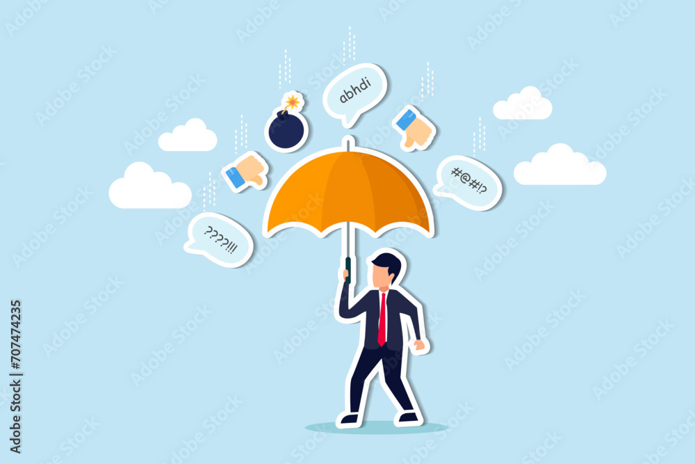 Handle business criticism, scold or negative feedback, manage boss blame, pressure, failure or mistake ashamed concept, confidence businessman hold strong umbrella protect from negative feedback.