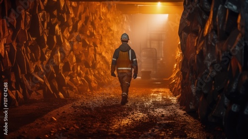 Middle aged male worker walking away from the camera down a long mine shaft with diminishing perspective. Male worker walking in Miner underground at a copper.