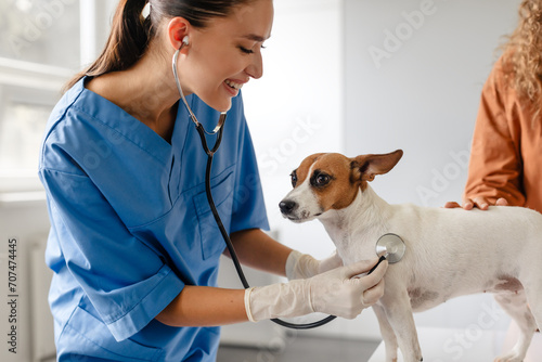 Vet conducts heart exam on dog with owner