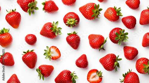 fresh fruit background with delicious fresh red strawberries on white background