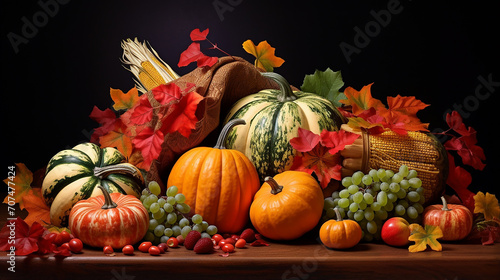 thanksgiving design with pumpkins with fruits and falling leaves on wooden table and dark background