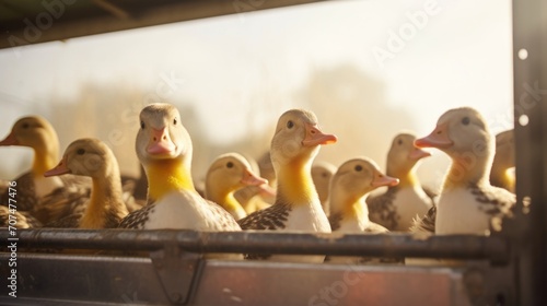 Squeals and quacks fill the air as farmers herd hundreds of ducks onto transport trucks, destined for the processing facility on a busy day at the giant duck farms. photo