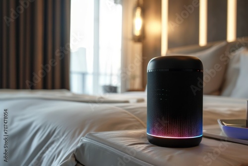  Close up view of An elegantly designed smart speaker unit blending seamlessly into a modern hotel room interior, home automation and smart concept.