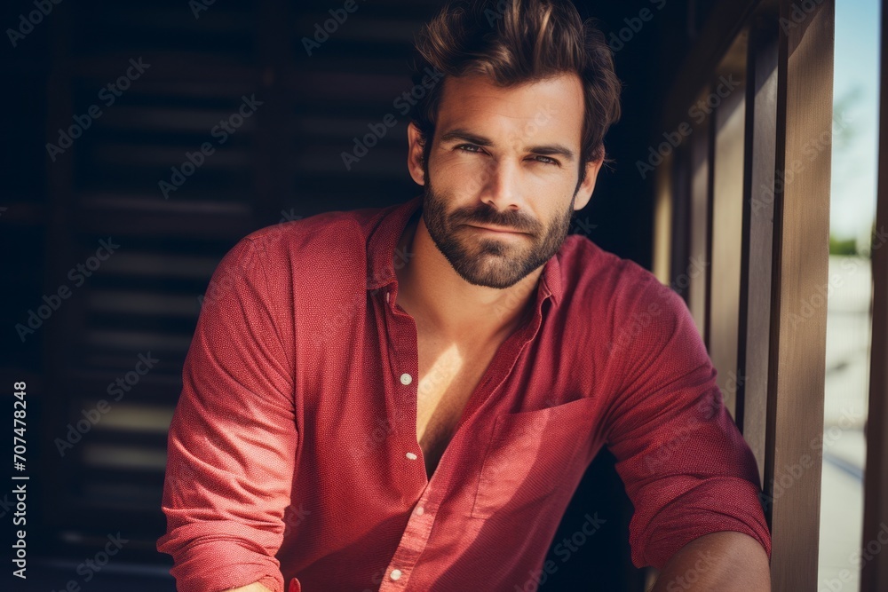 Handsome young man in red shirt looking at camera and smiling while standing indoors Handsome young man in red shirt looking at camera and smiling while standing indoors