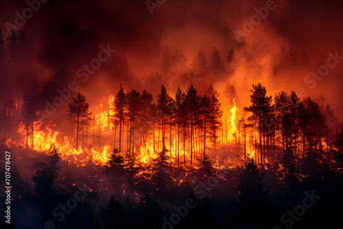 Raging Forest Fire in the Nighttime with copyspace for text