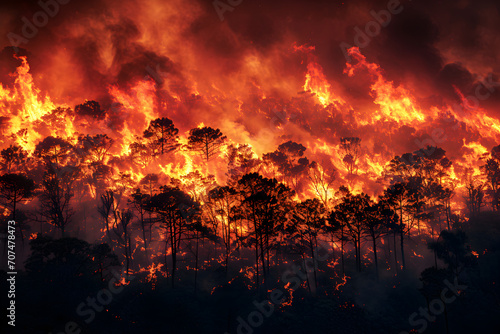 Devastating wildfire with Flaming Sky in the forest mountain