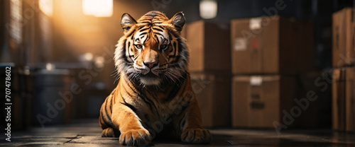 Employee Tiger, their back presented in a half-turn, wearing uniform in an factory, engrossed in the process of deciphering intricate of packing. Employ a wide-angle lens and dynamic lighting photo