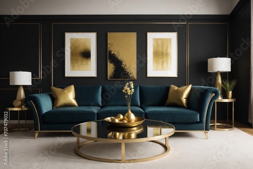Luxury black and gold living room interior with sofa, table, and painting in a perfect composition.