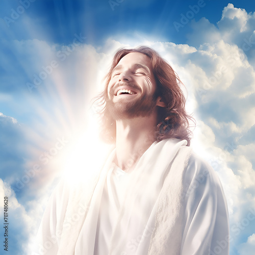 christianity, religion and people concept - smiling Jesus Christ in white robe over blue sky background