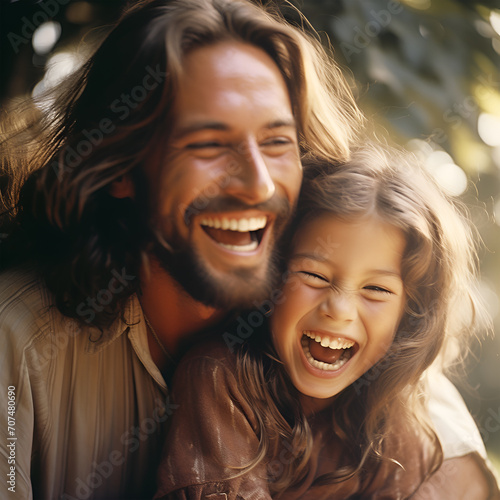 Portrait of a happy father jesus and his daughter in the park. © Daisy