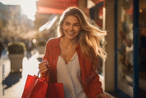 Portrait of a smiling young woman with shopping bags in the city