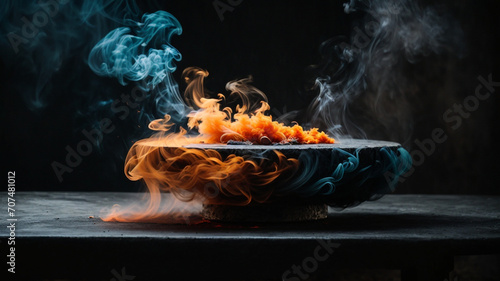 Colorful smoke from incense sticks on empty black stone table with black background. High quality photo
 photo