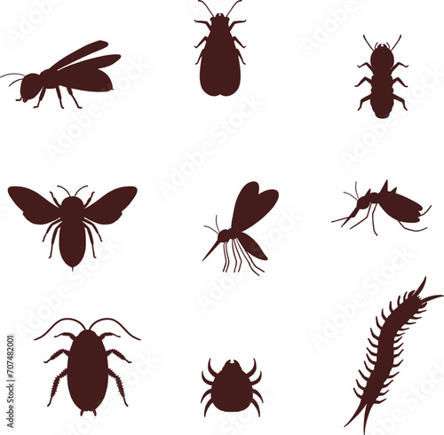 ゴキブリや蜂、ダニなどのリアルな害虫のシルエットイラストセット photo