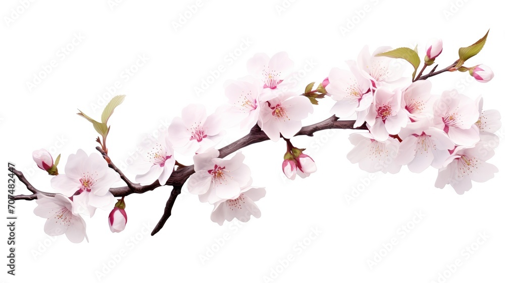  Spring sakura cherry blooming flowers bouquet. Isolated realistic pink petals, blossom, branches, leaves vector set. Design spring tree illustration, generative ai