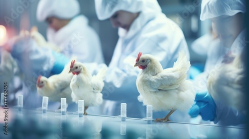 A team of scientists in white lab coats carefully selecting and cross different varieties of chickens in a large facility, all in the pursuit of creating the most genetically superior bird.