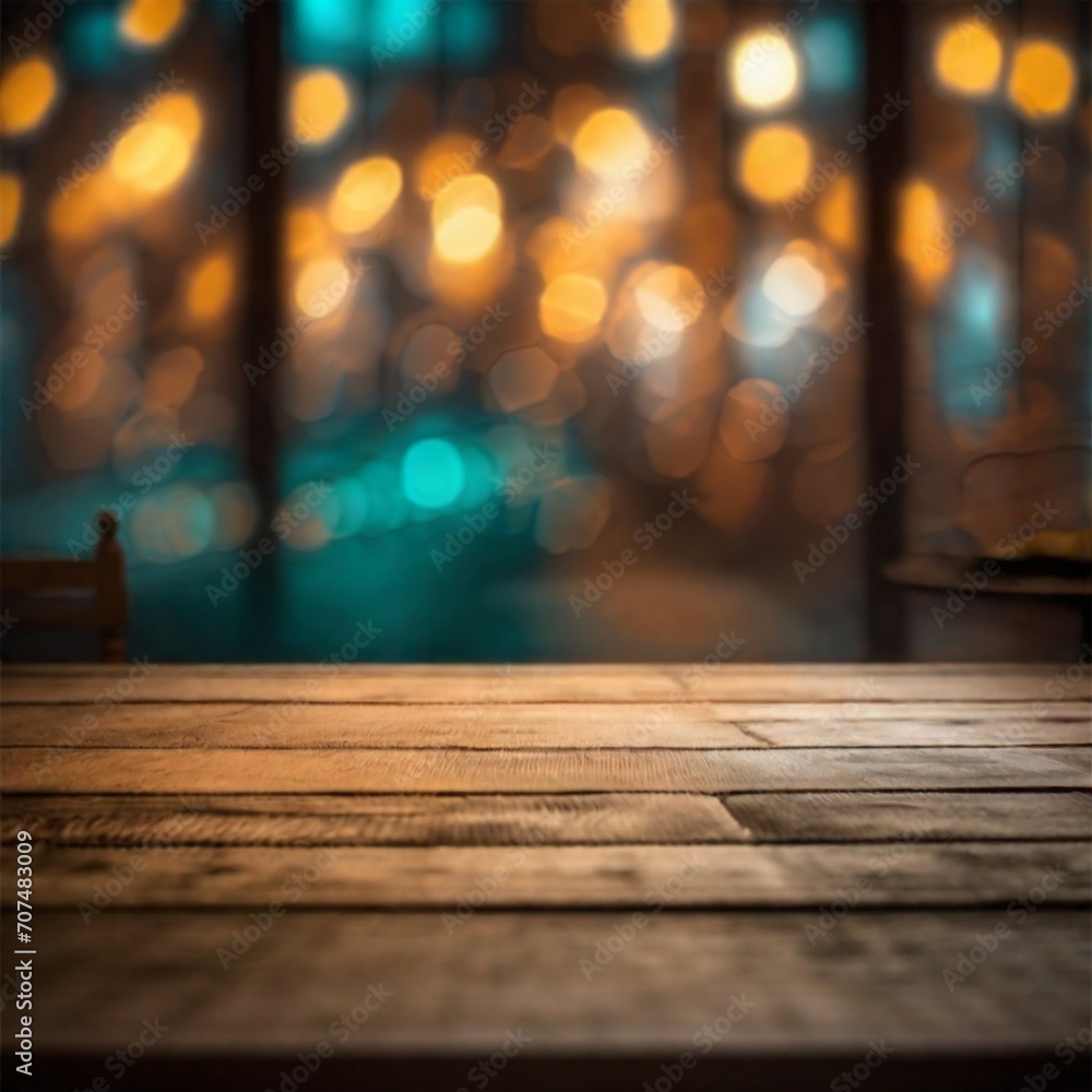 Wallpaper background with bokeh lightings and empty wooden table for product ads display 