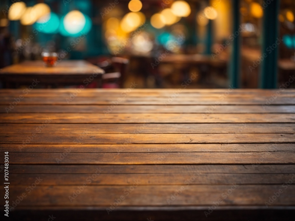 Wallpaper background with bokeh lightings and empty wooden table for product ads display 