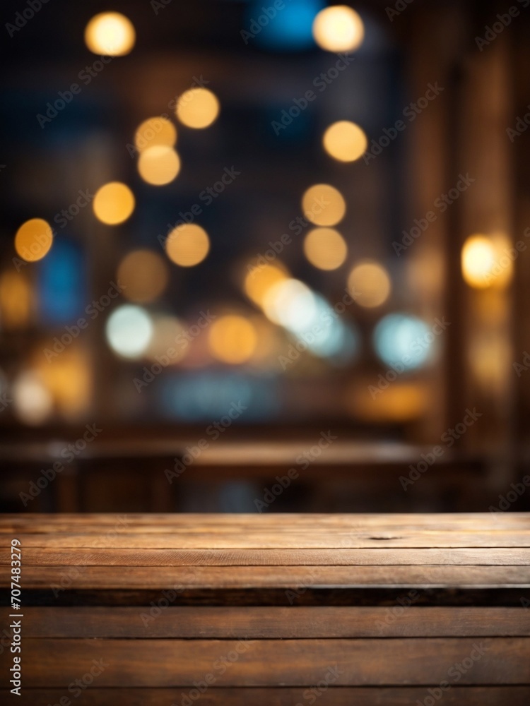 Wallpaper background with bokeh lightings and empty wooden table for product ads display 