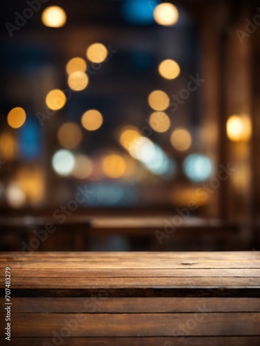Wallpaper background with bokeh lightings and empty wooden table for product ads display 