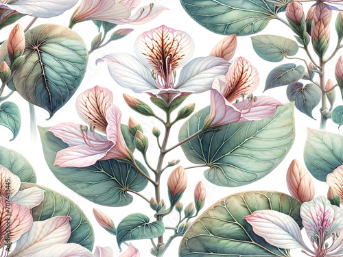 watercolor illustrations of Bauhinia auriefolia K. & S.S. Larson and its hybrids, depicted in a seamless pattern. These images highlight the unique details and delicate presentation of the plants. photo