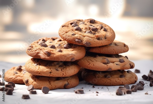 Stack of cookies with chocochip topping on a Bokeh light background. generative AI