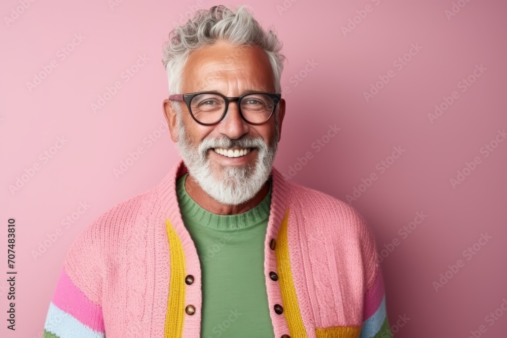 Portrait of a happy senior man with eyeglasses against pink background Portrait of a happy senior man with eyeglasses against pink background