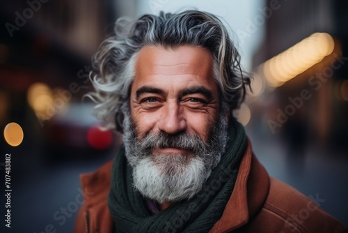 Portrait of a senior man with long gray hair and beard on a city street.
