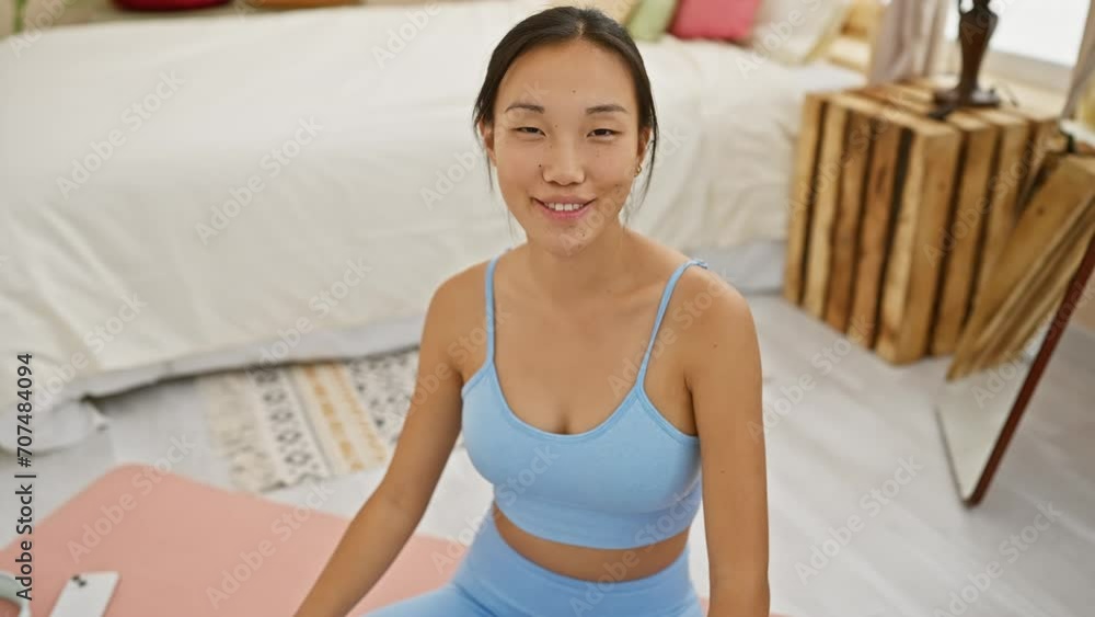 Cheerful young chinese woman having fun, winking with sexy expression, looking at camera, sitting on yoga mat in bedroom Cheerful young chinese woman having fun, winking with sexy expression, looking at camera, sitting on yoga mat in bedroom
