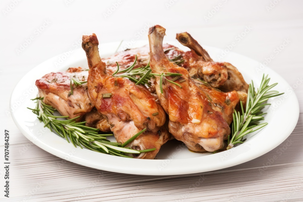 Tasty cooked rabbit meat with rosemary on white wooden table