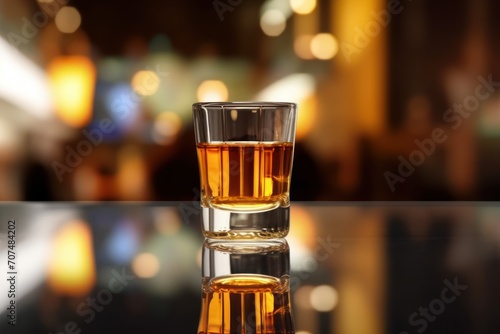 Shooter in shot glass on mirror surface against blurred background