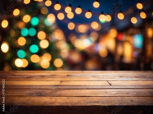 Wallpaper background with bokeh lightings and empty wooden table for product ads display 