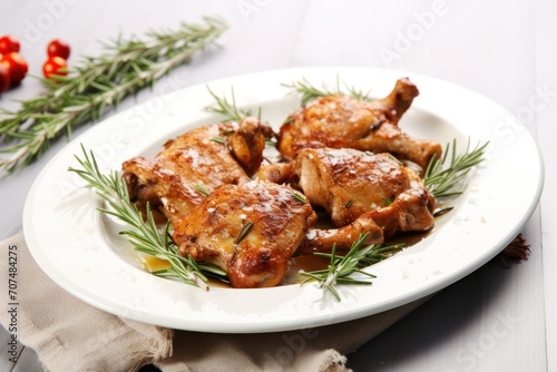 Tasty cooked rabbit meat with rosemary on white wooden table