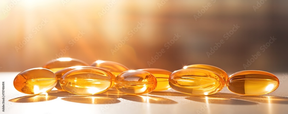 Fish oil capsules photographed with clear focus. generative AI - obrazy, fototapety, plakaty 