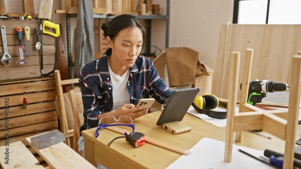 A focused asian woman using a smartphone in a workshop filled with carpentry tools. A focused asian woman using a smartphone in a workshop filled with carpentry tools.
