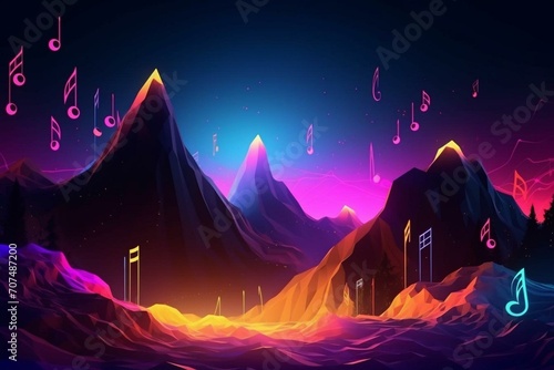 Abstract neon background with glowing musical note marks and rocky mountains in a fantastical landscape. Generative AI