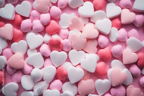 Valentine's Day background. Heap of pink and white hearts. Negative space. Colorful. Horizontal. Generative AI