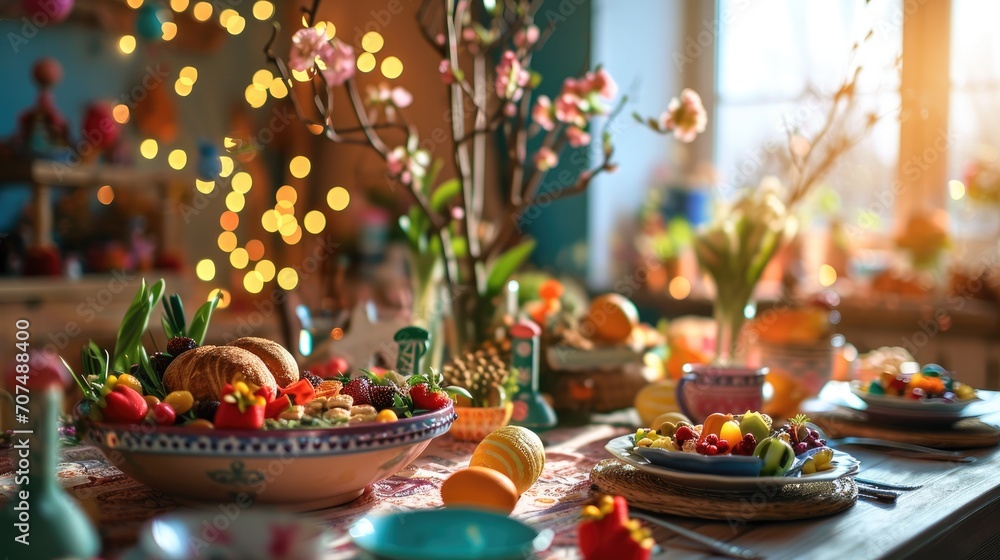 Happy Easter celebration dinner full of foods on table and flower arrangement decoration in cozy house, dining party indoors in holiday greeting season in restaurant, food background with copy space