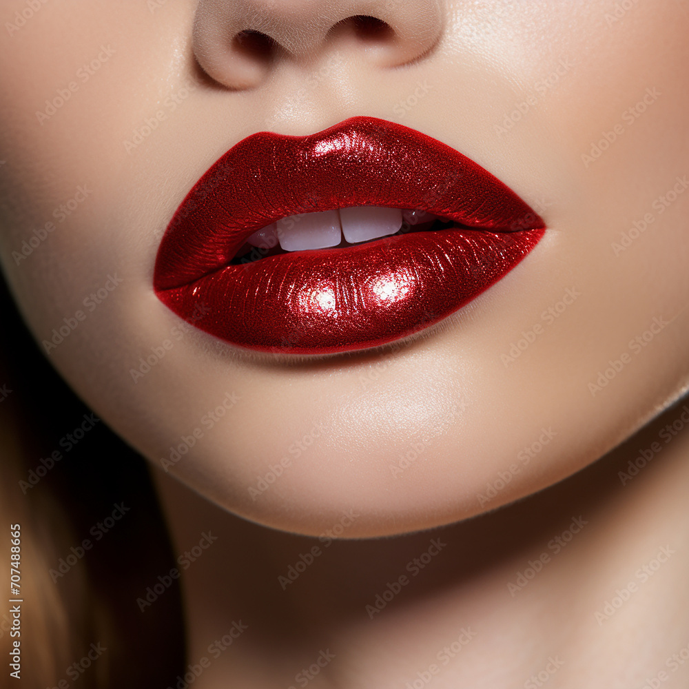 Fototapeta premium A Close Up, Macro of Perfectly Applied Metallic Red Lipstick
