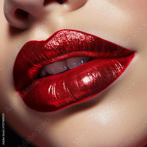 A Close Up, Macro of Perfectly Applied Metallic Red Lipstick