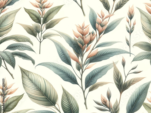 watercolor illustrations of Pinanga disticha (Roxb.) Blume ex H.Wend, depicted in a seamless pattern. These images highlight the unique details and delicate presentation of the plant. photo