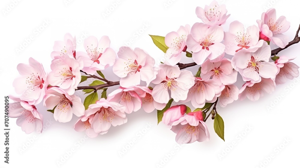  Spring sakura cherry blooming flowers bouquet. Isolated realistic pink petals, blossom, branches, leaves vector set. Design spring tree illustration, generative ai