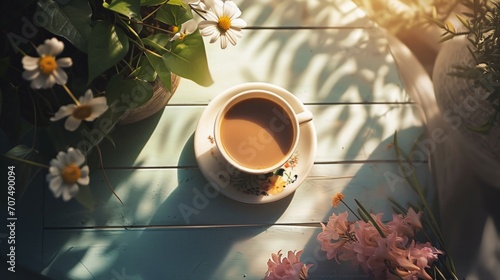 A cup of coffee or tea with spring-themed elements, from an overhead perspective on a tabletop, showcasing the warmth of a morning ritual, evoke a sense of comfort and the joy of simple pleasures. photo